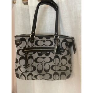 Coach Signature Canvas Black Gray Silver Jacquard Tote Bag Large F23938 Clean